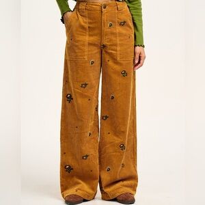 Lucy and Yak Embroidered Corduroy Wide-Leg Pants